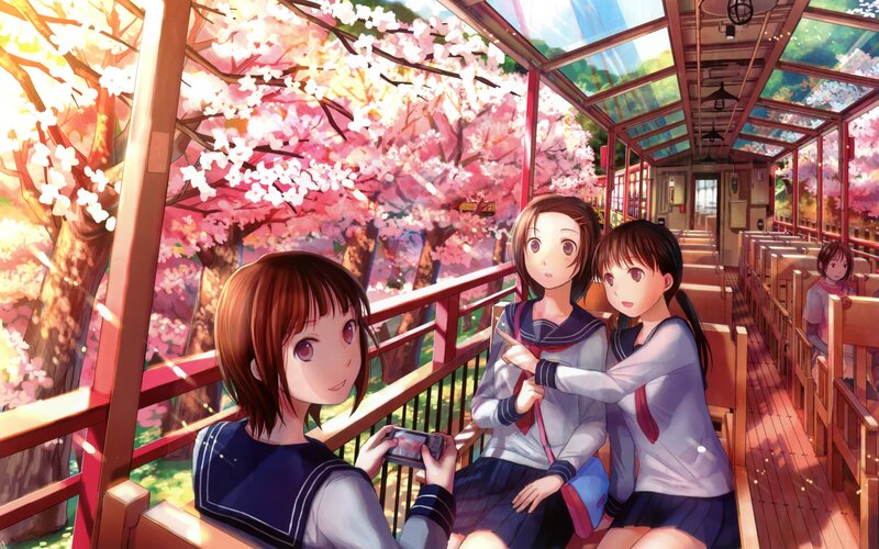 Girls on a cherry blossom train
