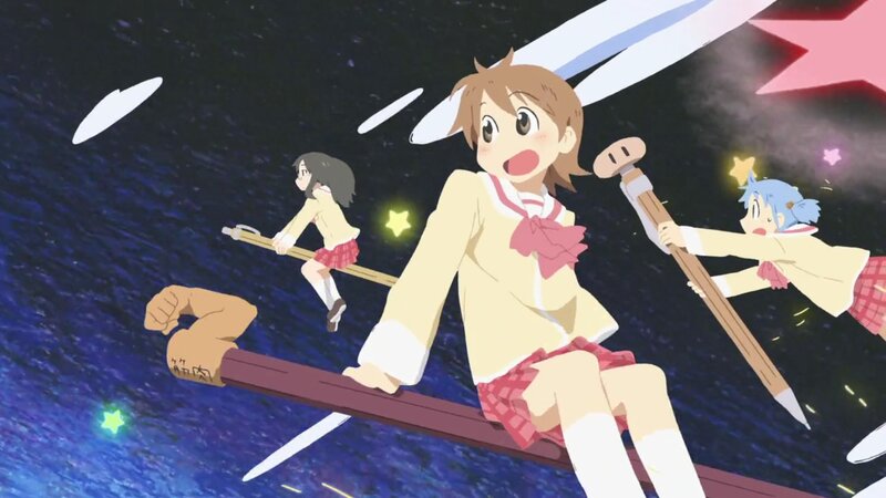 Girls on a flying pencil