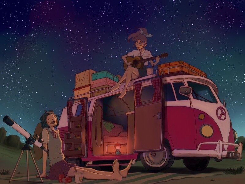 Girls on a road trip at night