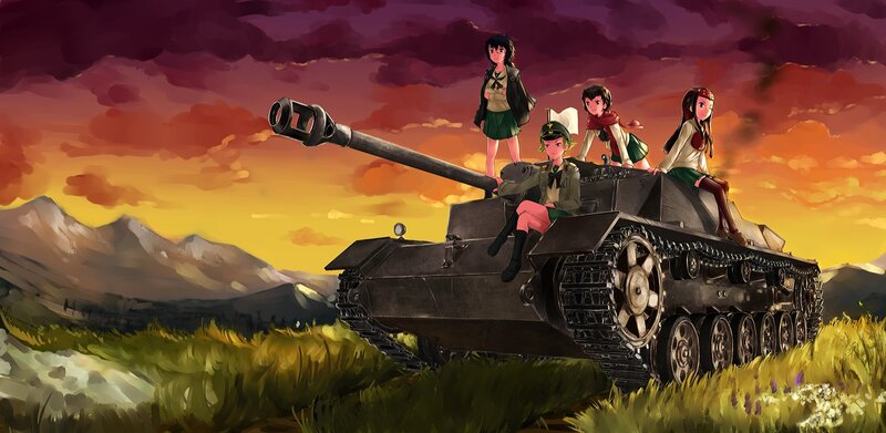 Girls on a tank at sunset