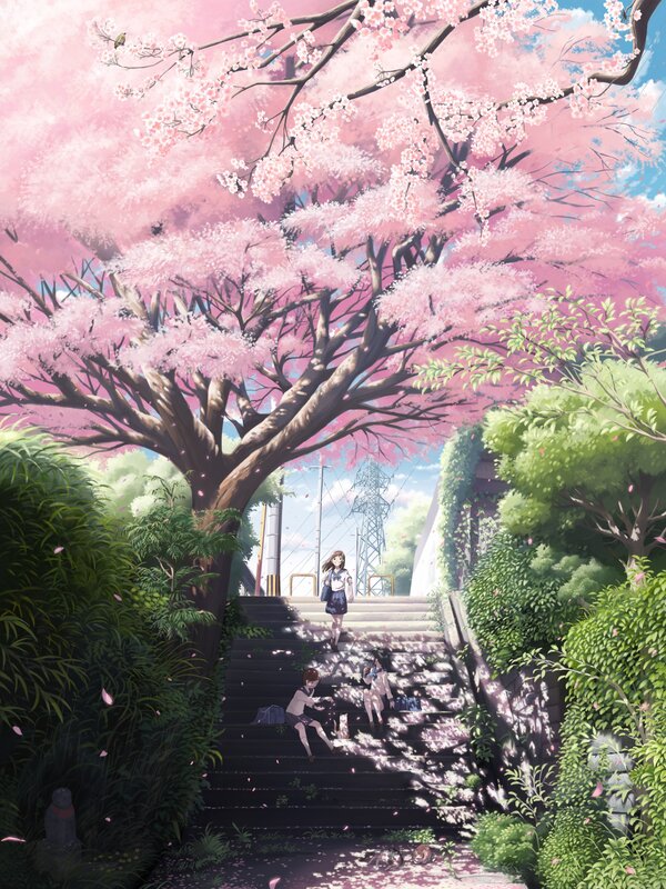 Girls on Cherry Blossom Stairs