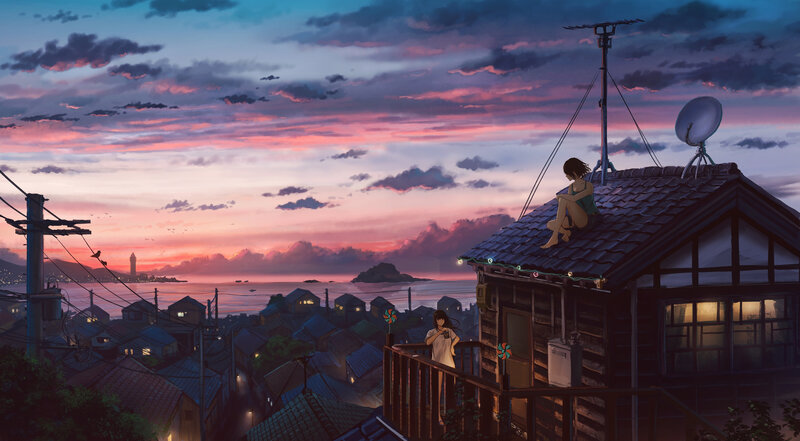 Girls on Rooftop at Dusk