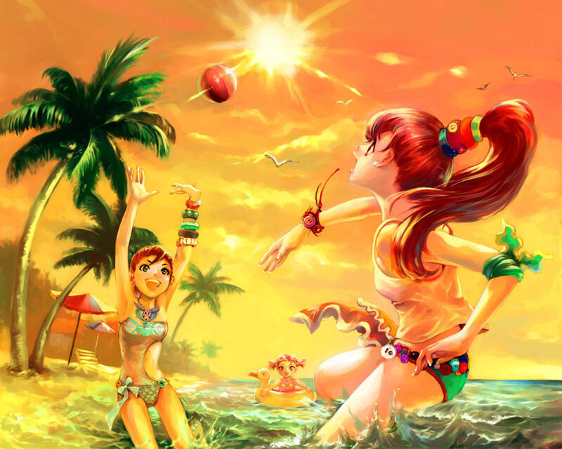Girls playing beach ball at sunset