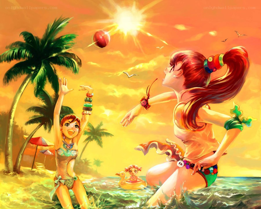 Girls playing beach ball at sunset