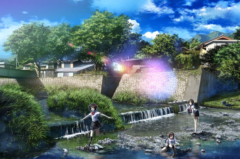 Girls playing by a river