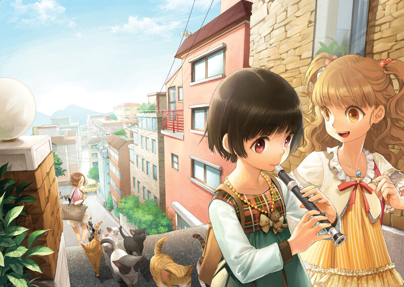 Girls playing flutes on a city street