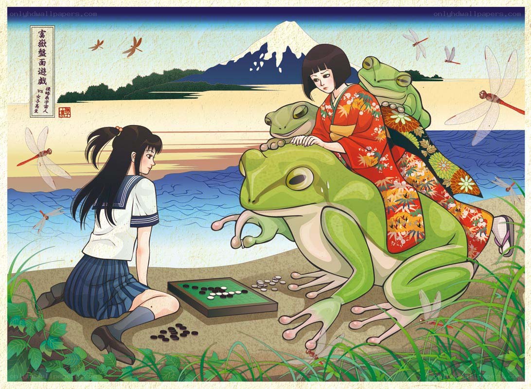 Girls playing go with frogs