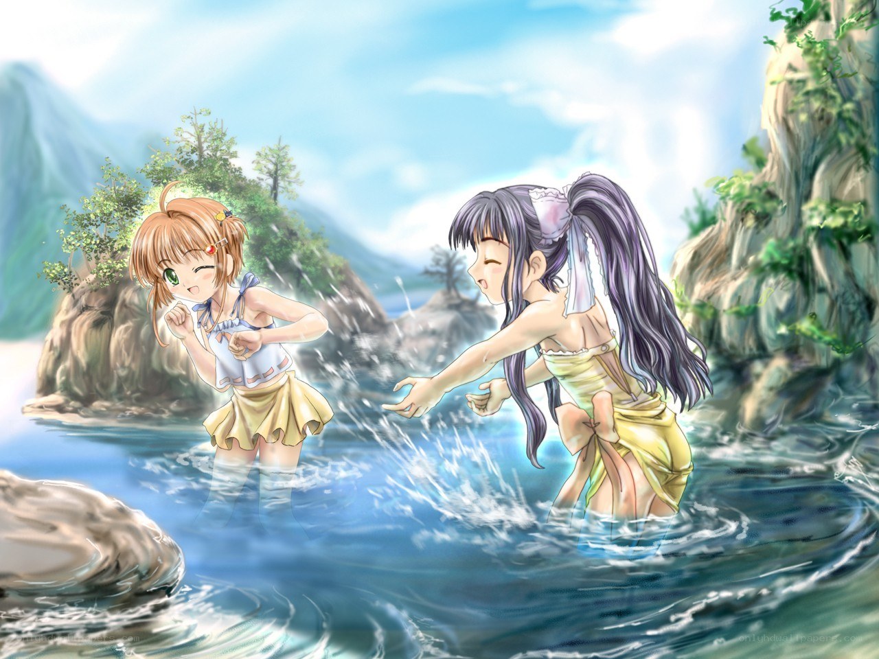Girls playing in a river