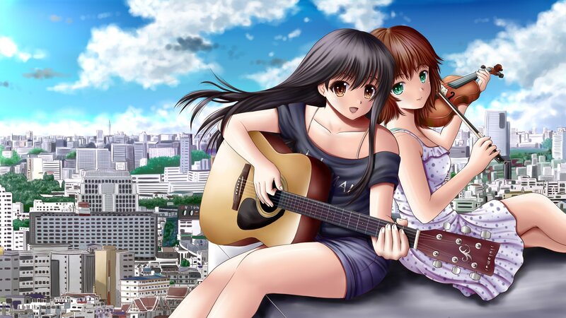girls playing music on rooftop