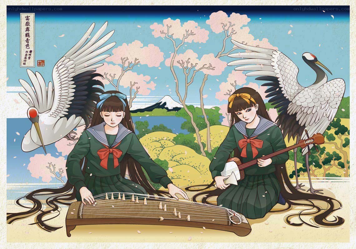 Girls playing music with cranes