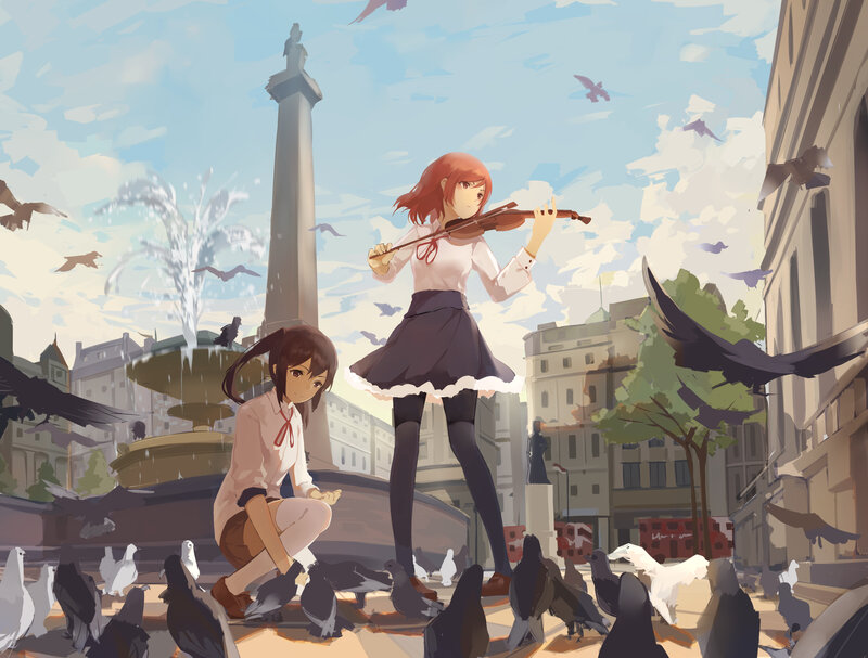 Girls Playing Violin in Square