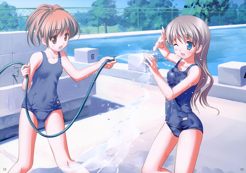 Girls playing with hose at pool