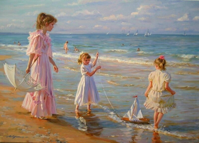 Girls Playing with Toy Boat