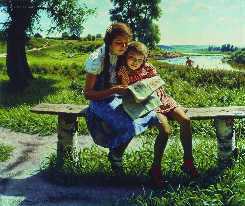 Girls reading by the river