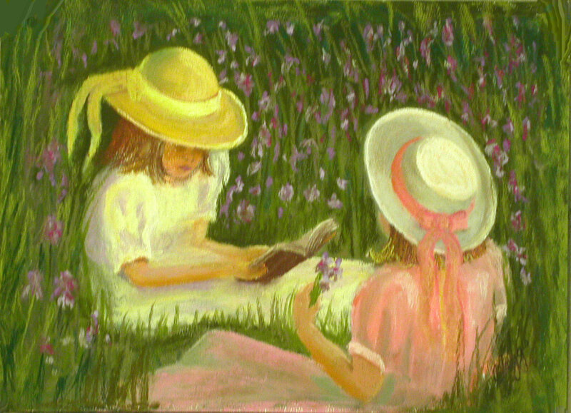 Girls reading in a field
