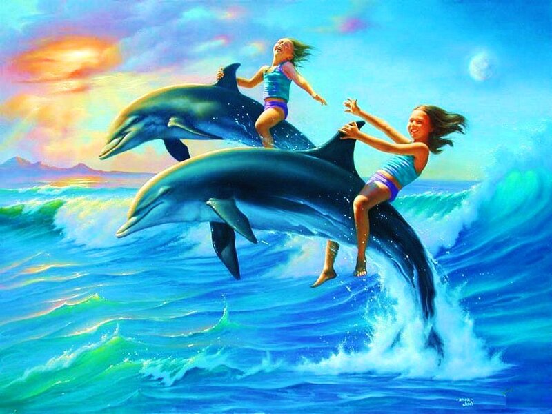 Girls Riding Dolphins — Blue