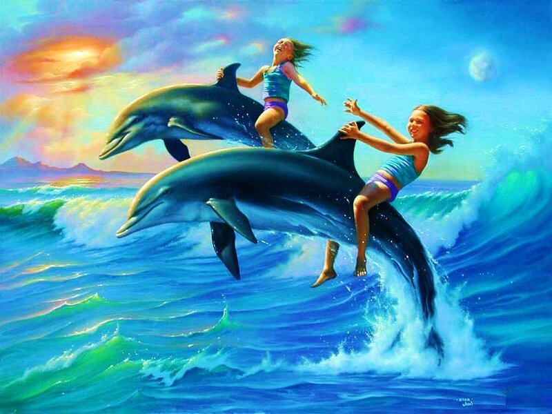 Girls Riding Dolphins