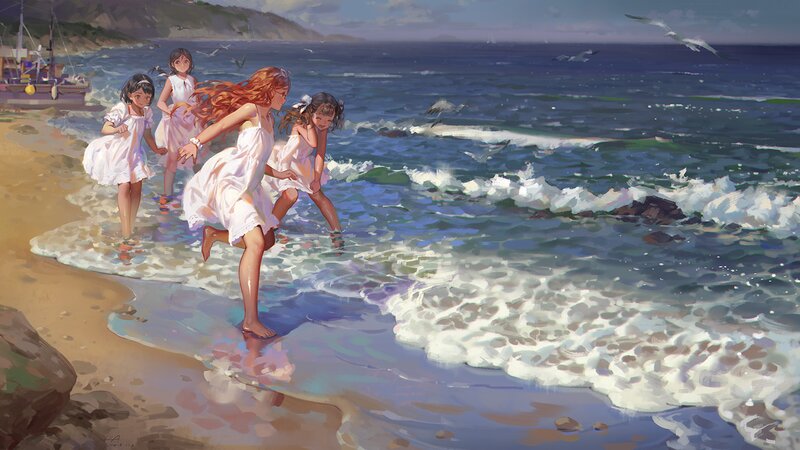 Girls Running on Beach — Blue
