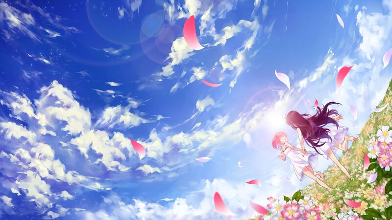 girls running through a flower field