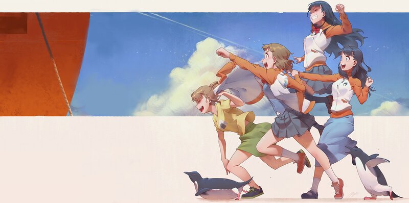 Girls Running with Penguins — Blue