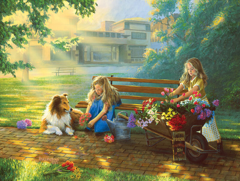 Girls Selling Flowers — Green, Serene