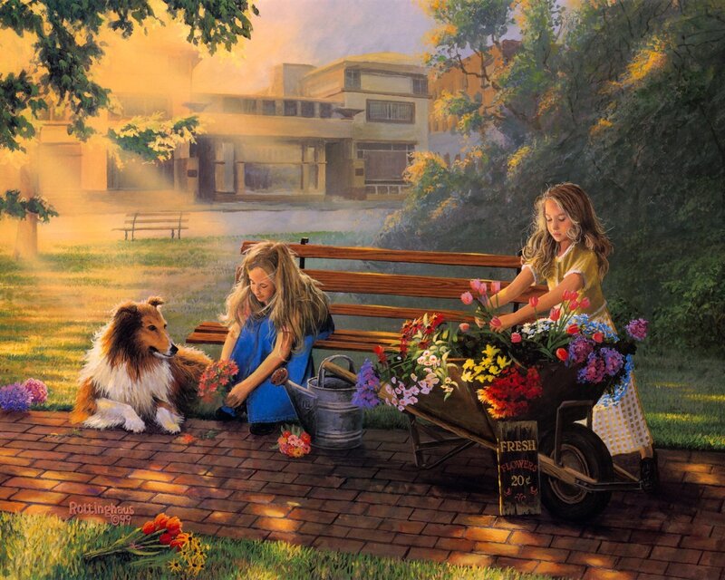 Girls Selling Flowers — Green