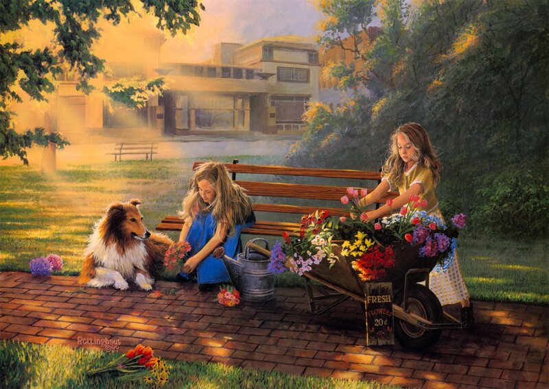 Girls selling flowers in park