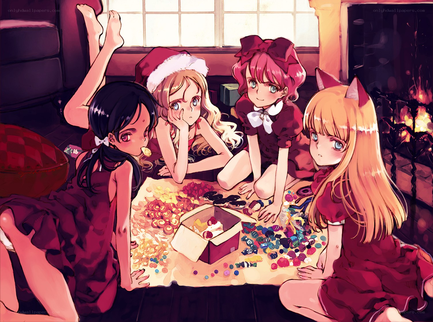 Girls sharing candies by fireplace