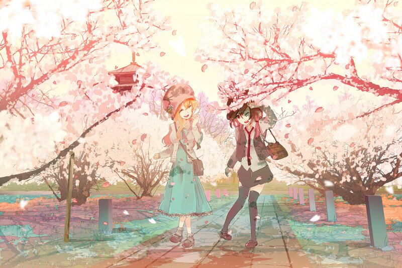 Girls under cherry blossoms