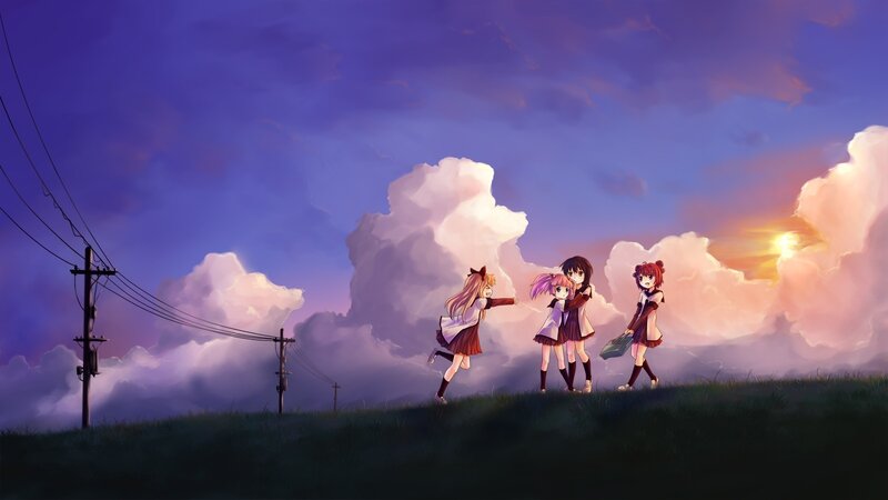 girls walking at sunset