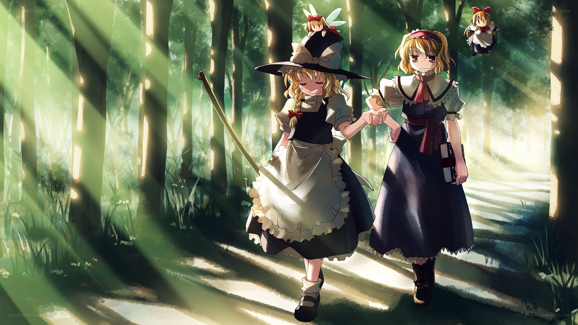 girls walking in a forest
