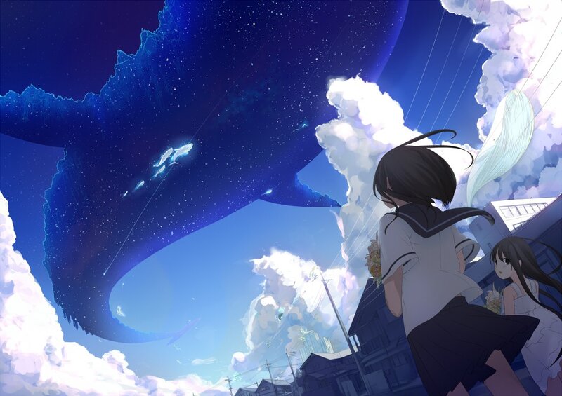 girls watching a whale in the sky