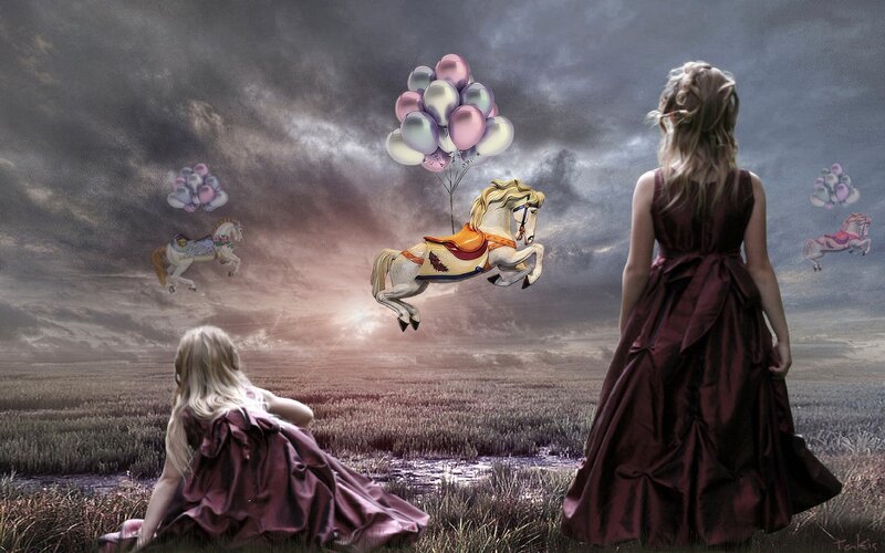 Girls Watching Flying Horses