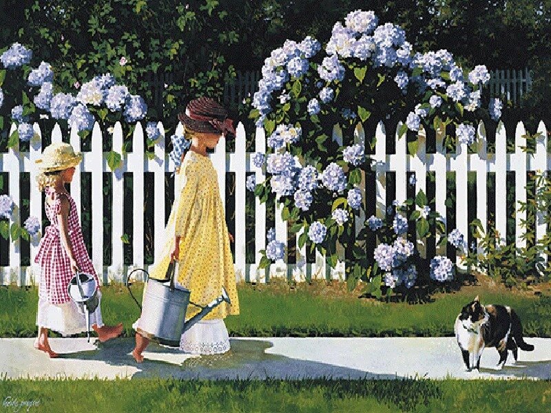 Girls watering garden with cat