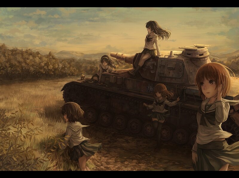 Girls with a tank in a field