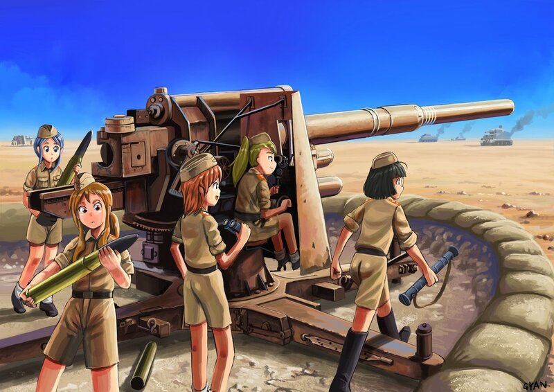 Girls with artillery in desert