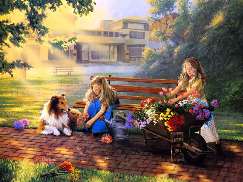 Girls with Dog and Flowers