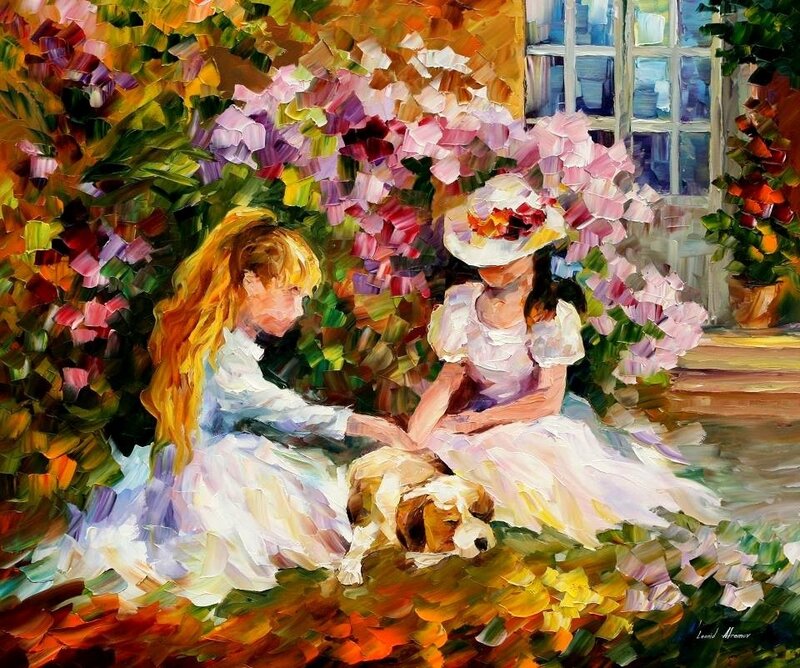 Girls with dog in garden