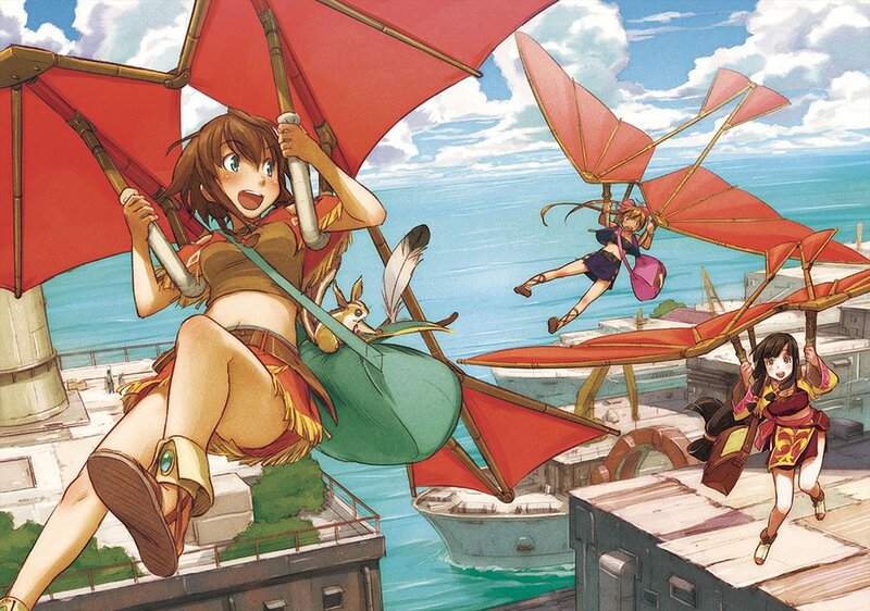 Girls with gliders over the sea