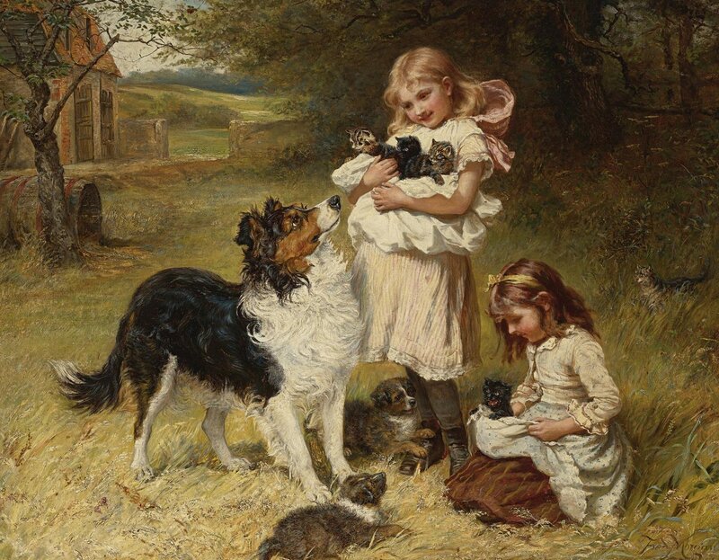 Girls with Kittens and Dog