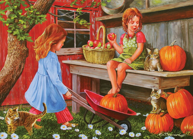 Girls with Pumpkins and Cats