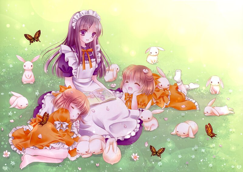 Girls with Rabbits in Field