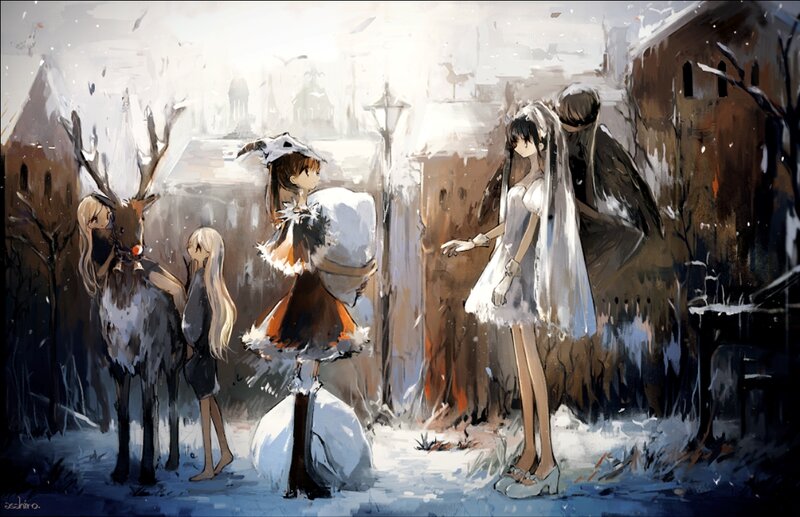 Girls with Reindeer in Snow