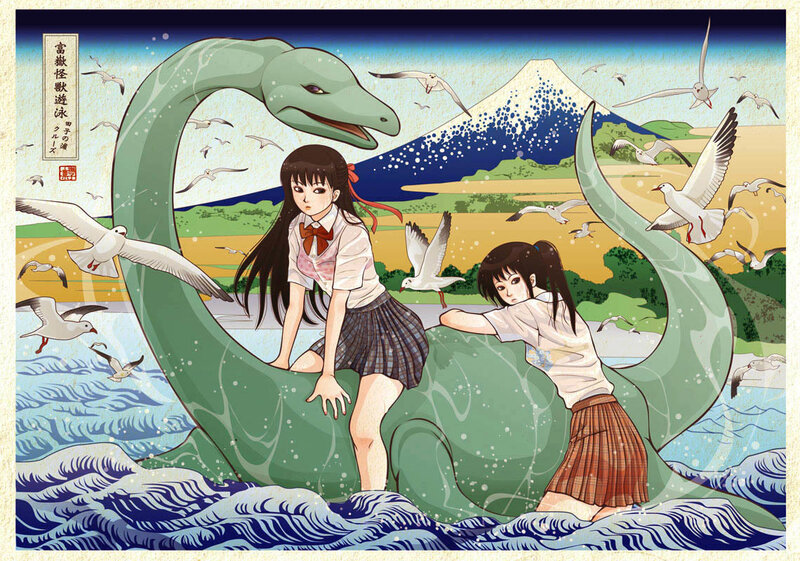 Girls with sea monster near Mount Fuji