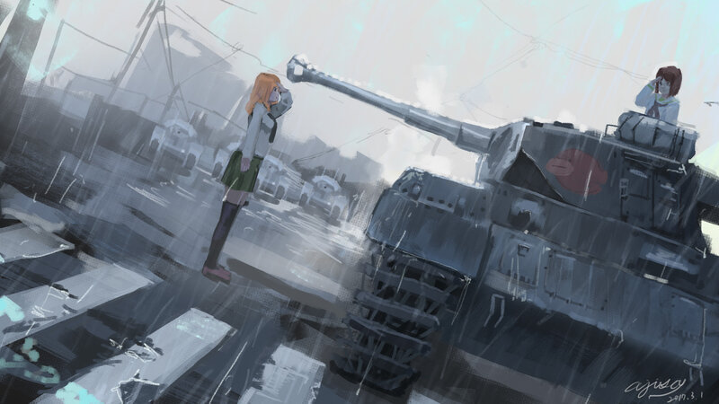 Girls with Tank in Rain