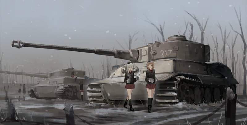 Girls with Tanks in Snow — Gray, Dramatic
