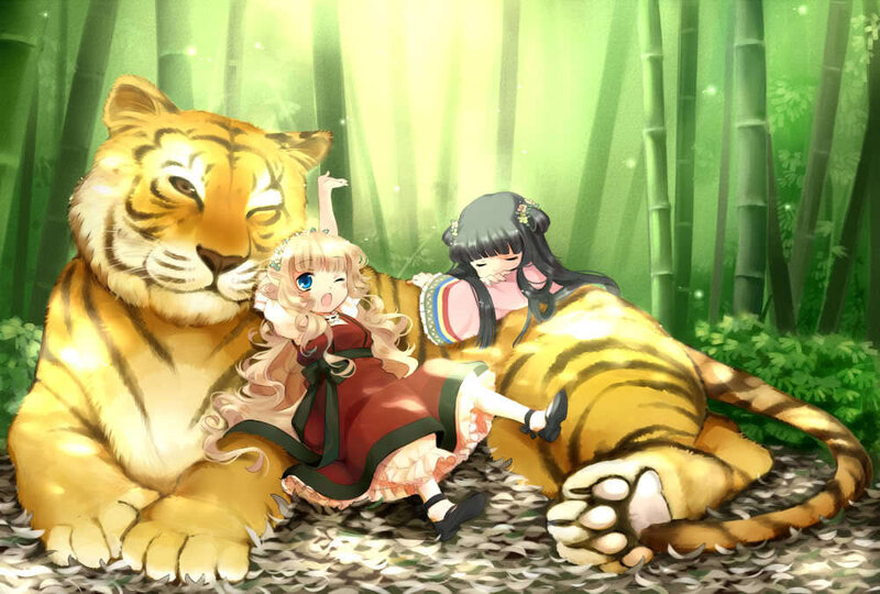 girls with tiger in bamboo forest