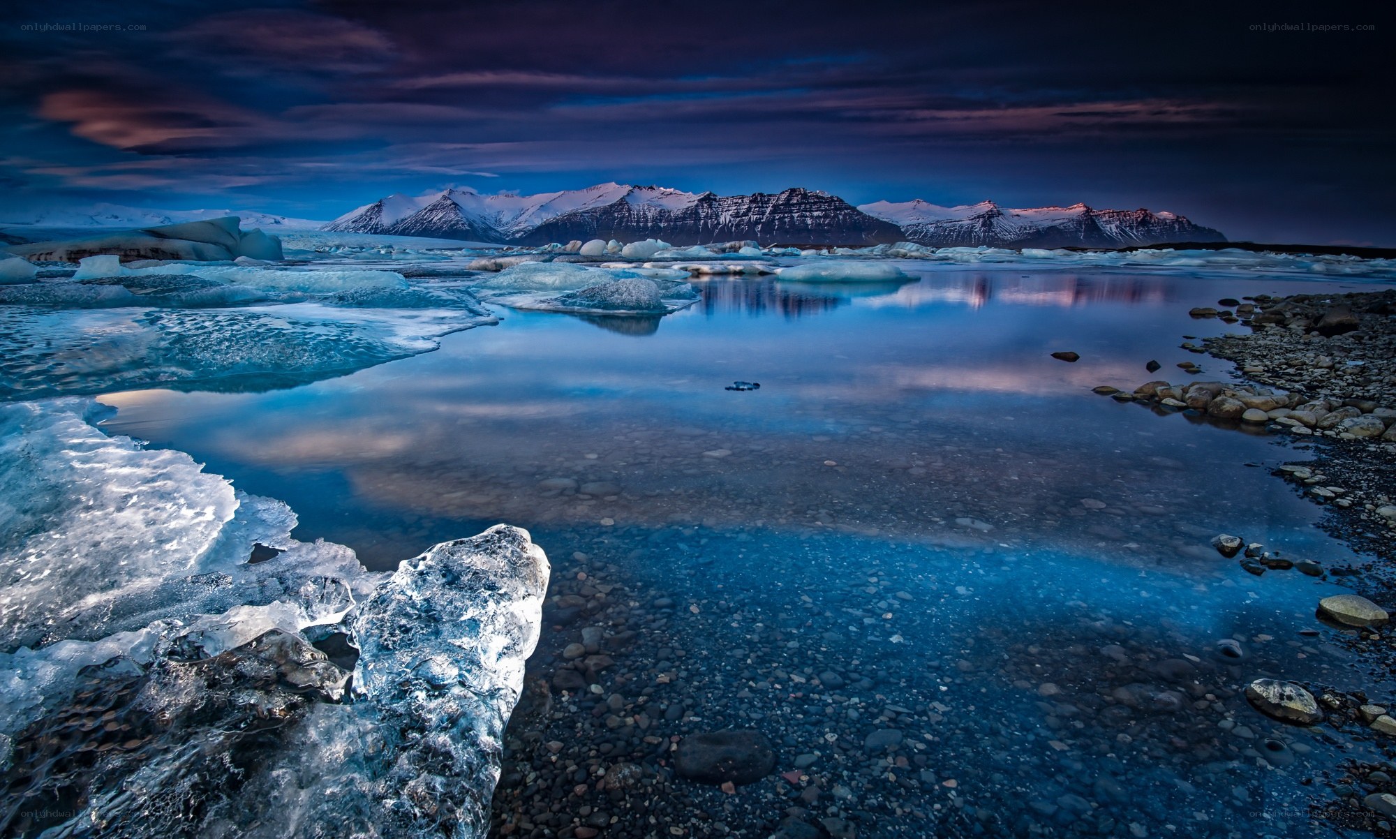 Glacial lagoon at dusk