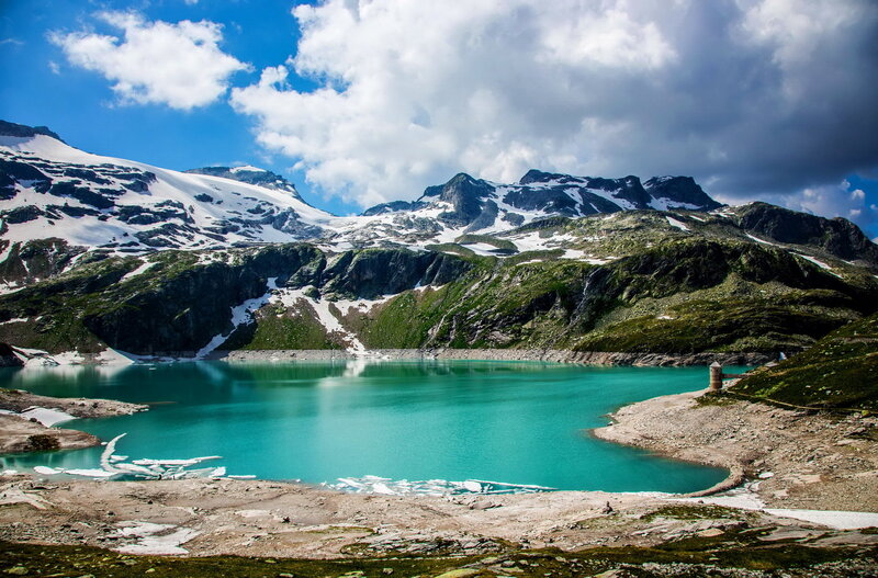Glacial Lake in Mountains — Blue, Dramatic, Afternoon, Photograph