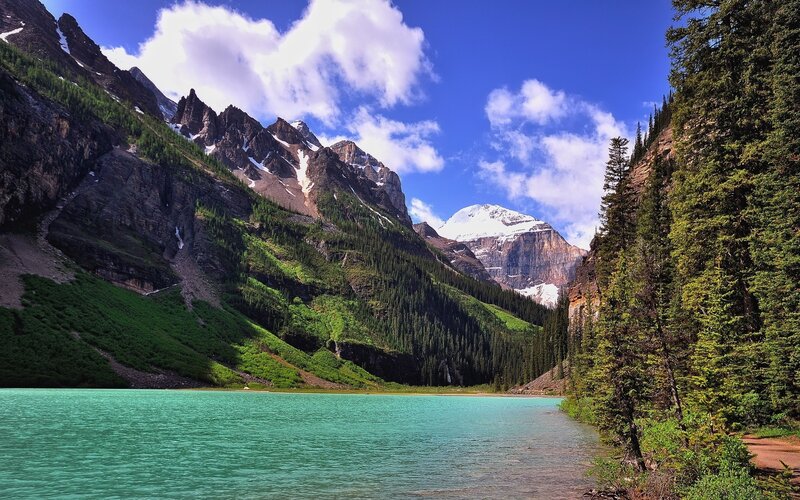Glacial Lake in Mountains — Blue, Serene, Afternoon, Photograph, Trees